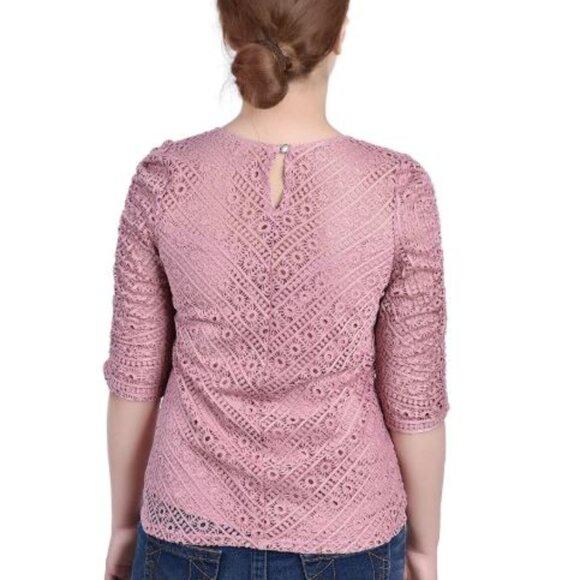 NY Collection Women's Rouched Sleeve Lace Top Lilas Size Petite Medium NWT, $43 - Picture 2 of 7